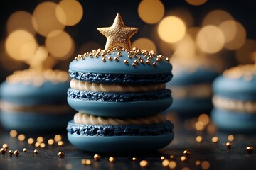 Elegant Holiday Macaron with Gold Star Topper and Glittering Decor for Festive Celebrations : Generative AI