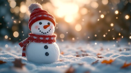 Fototapeta premium Charming Snowman in Red Hat and Scarf on a Glittering Winter Morning : Generative AI