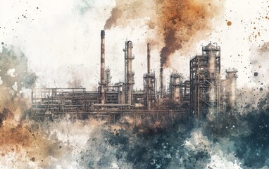 An artistic representation of an industrial complex with smokestacks and a textured, colorful background.