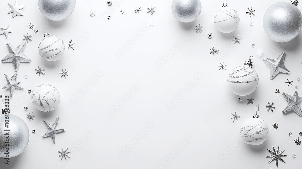 Poster minimalist silver christmas decorations on white background with space for text : generative ai