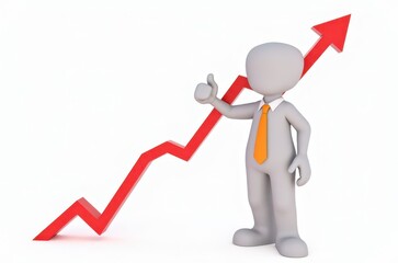 3d man red arrow success chart on white background.