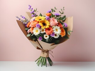 a bouquet of flowers wrapped in brown paper. The bouquet contains a variety of flowers, including bright yellow sunflowers, orange roses, white daisies, and small purple flowers