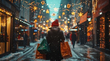 Obraz premium Woman in Winter Attire Holding Shopping Bags