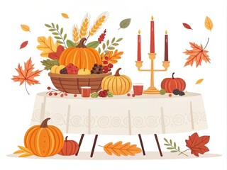 A festive autumn table arrangement featuring pumpkins, candles, and colorful leaves, perfect for Thanksgiving celebrations.