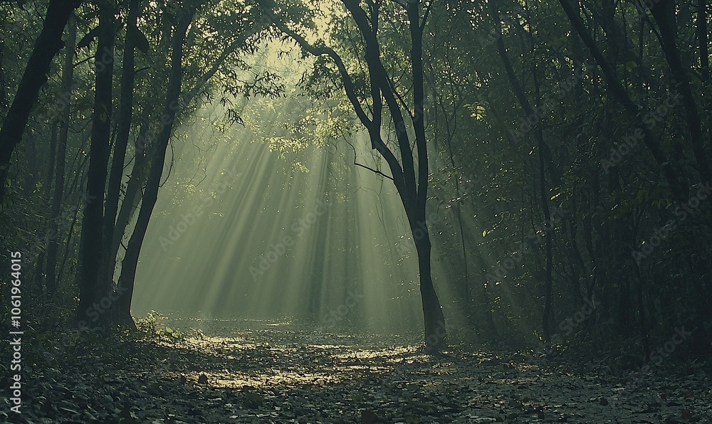 Poster sunbeams illuminate a path through a dark forest, casting an ethereal glow.