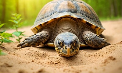close up turtle crawling on sand next to flower