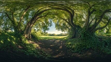 Naklejka premium Enchanting forest path with lush green foliage and sunlight streaming through the canopy
