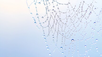 Delicate Dew-Kissed Spider Web with Symmetrical Pattern Against Soft Blue Background : Generative AI