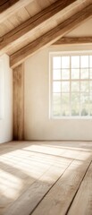 Fototapeta premium A bright, airy room with wooden beams and a large window, showcasing a peaceful, minimalist interior design.