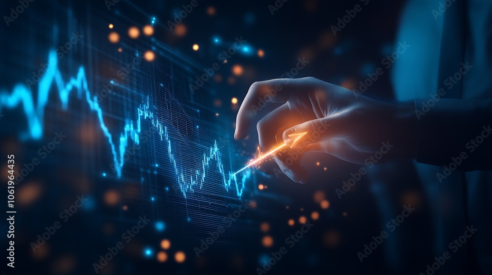 Poster Futuristic Hand Interacting with Digital Financial Graph Interface : Generative AI
