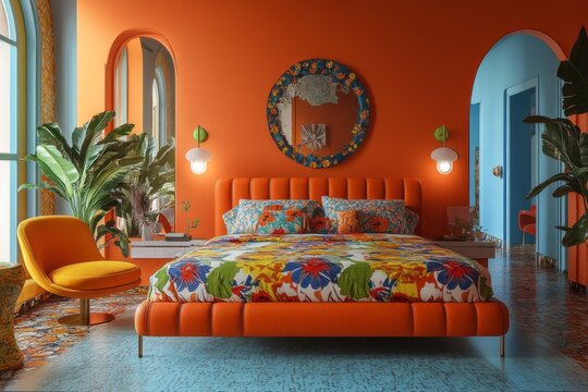 Modern Bedroom Interior Design with Orange and Blue Walls  Floral Bedspread  and Unique Mi