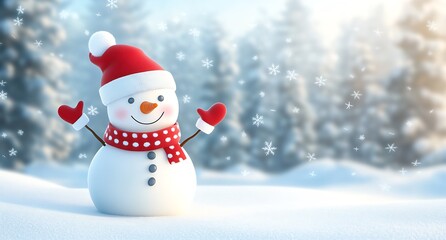 Cheerful snowman with red scarf and hat in snowy wonderland : Generative AI
