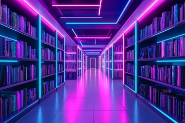 Vibrant library corridor with neon lights and shelves full of books in a modern design.