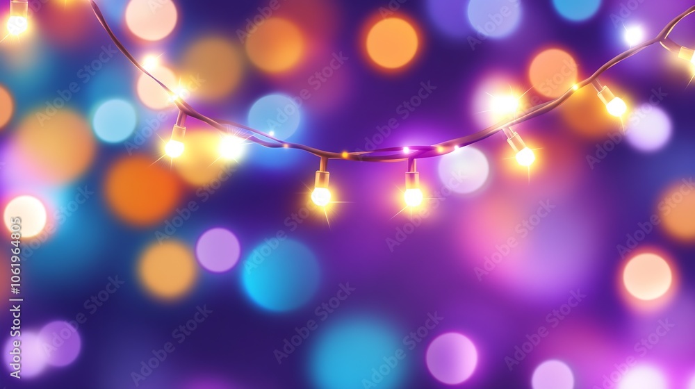 Poster vibrant colorful festive string lights on dark background with glowing bokeh effects : generative ai