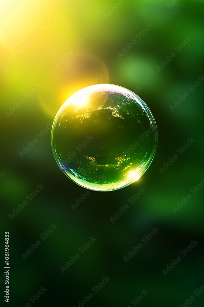Poster glowing transparent bubble with sunlight reflections against a vivid green natural backdrop : genera