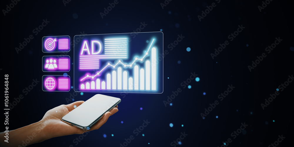 Poster smartphone showing advertising stats with neon graphs and icons on dark background.
