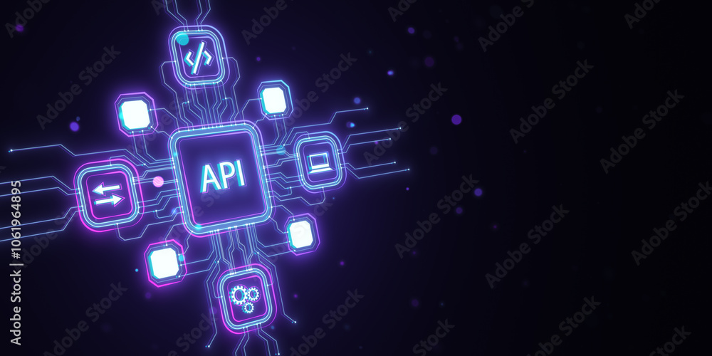 Poster api technology concept with icons on a neon blue background. 3d rendering