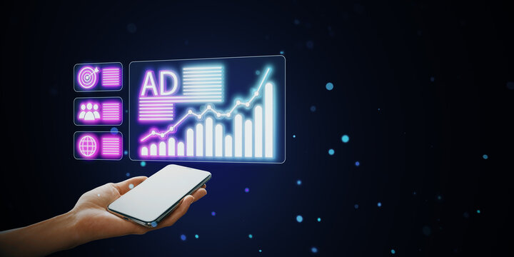 Smartphone showing advertising stats with neon graphs and icons on dark background. - Powered by Adobe