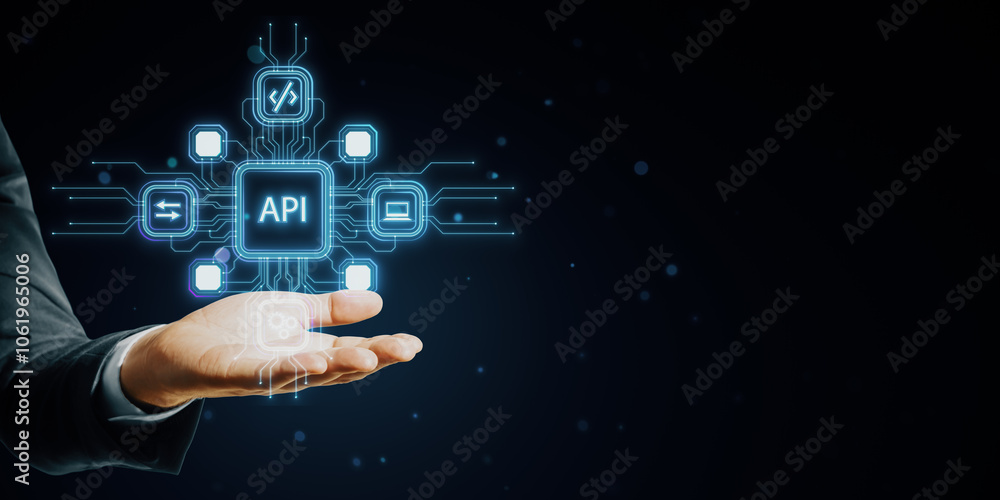Poster man's hand holding digital api icons in neon blue lines on dark background, symbolizing modern techn
