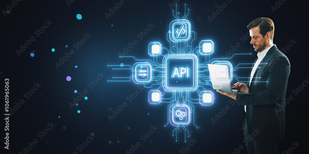 Poster Businessman using laptop with glowing API icons and neon network lines on dark background. Technology concept.