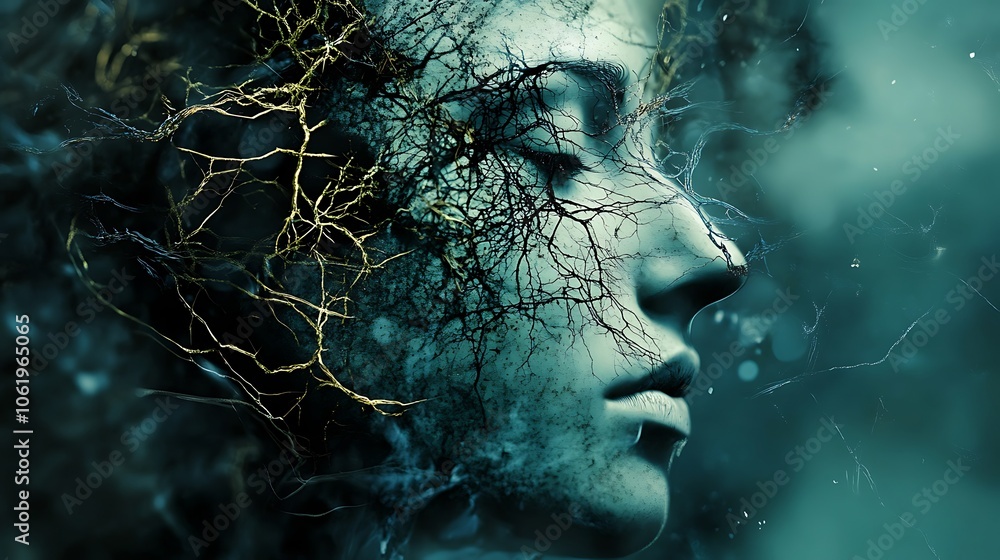 Poster network of luminous neural pathways within futuristic digital face