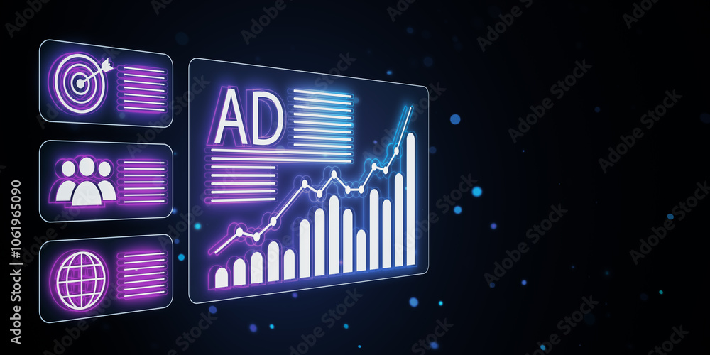 Poster Digital advertising statistics and graphs on a virtual screen backdrop. 3D Rendering