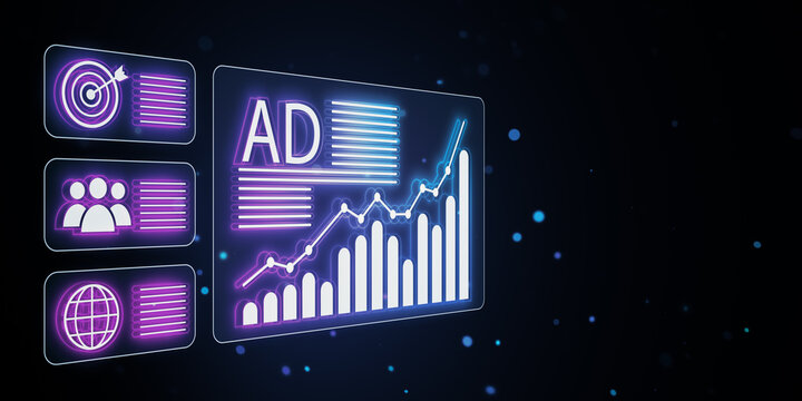 Digital advertising statistics and graphs on a virtual screen backdrop. 3D Rendering