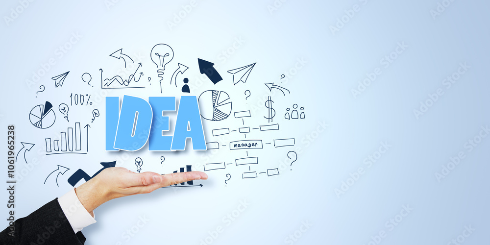 Poster hand presenting idea text with business-related sketch marks on light blue background.