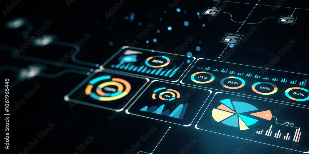 Poster Digital Dashboard with Data Visualizations on Dark Background. 3D Rendering