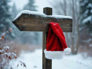 A santa hat hanging on a wooden direction sign in a winter landscape
