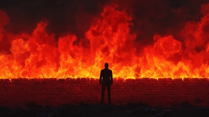 Fototapeta premium A silhouetted figure stands before a massive wall of fire, illustrating the stark contrast between human vulnerability and nature's raw power.