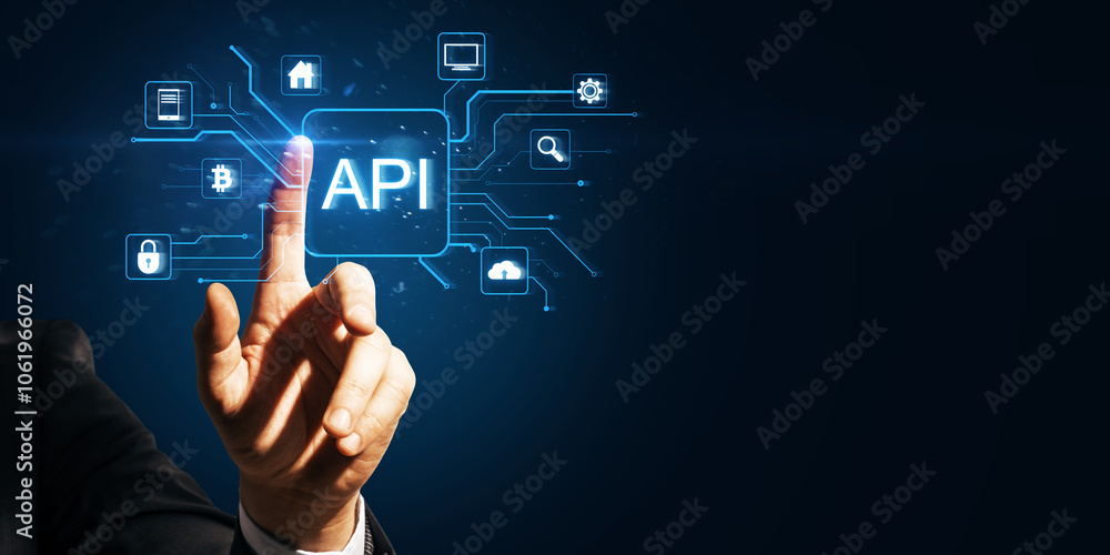 Poster Hand pointing at API icon with surrounding technology symbols on a dark blue background.