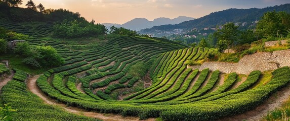 Picturesque tea plantation landscape with rolling hills and winding paths