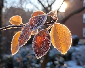 Icy leaves on a winter branch, each leaf delicately frosted, with sunlight reflecting off the frozen crystals