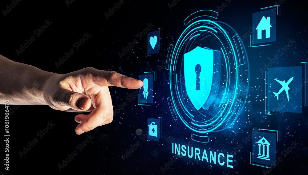 Poster Interactive digital insurance interface with security icons and data visualization.
