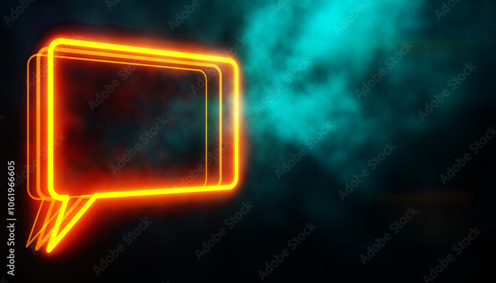 Poster Neon orange speech bubble on dark background with glowing effects. 3D Rendering