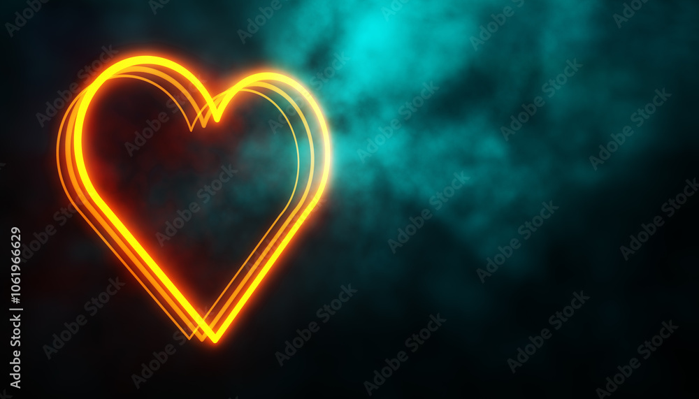 Poster Neon heart symbol glowing in dark background with smoke effect. 3D Rendering