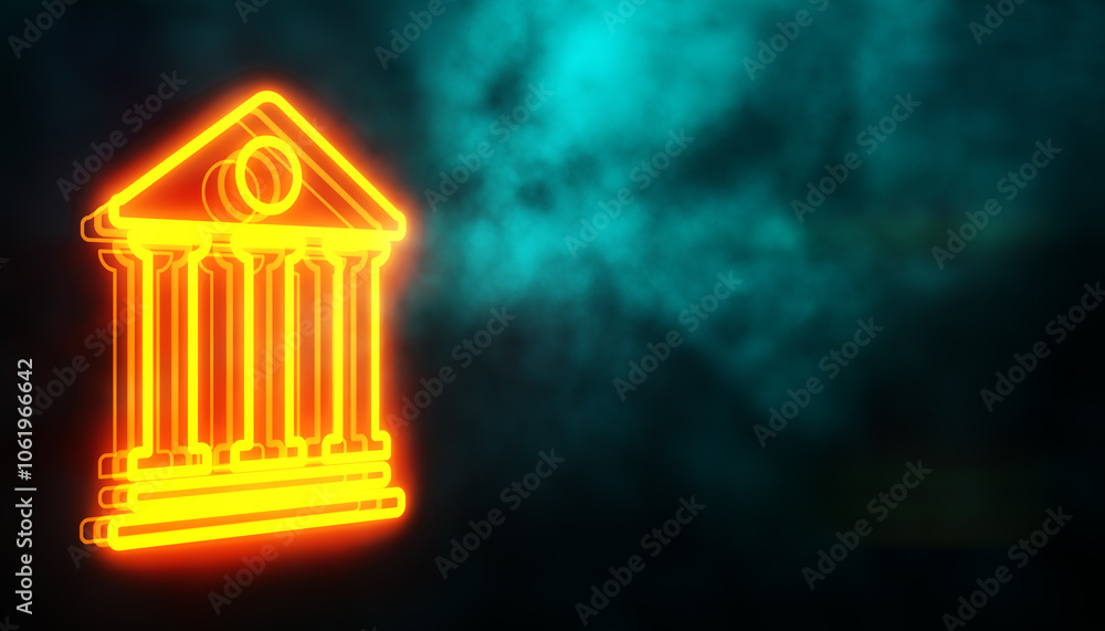 Aufkleber neon banking icon glowing in dark background with smoke effect. 3d rendering