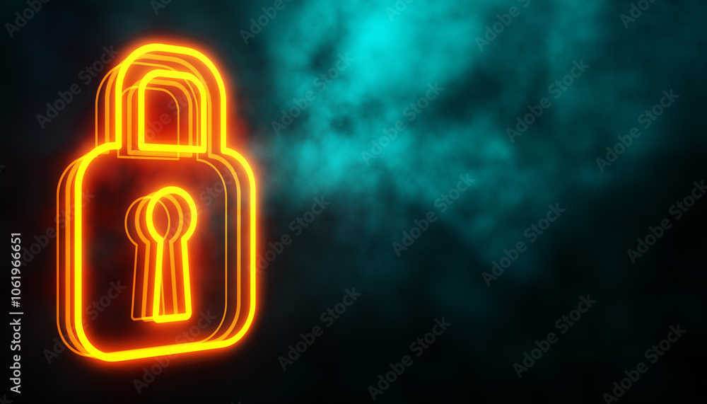 Poster Neon lock symbol on a dark background representing cybersecurity and protection. 3D Rendering