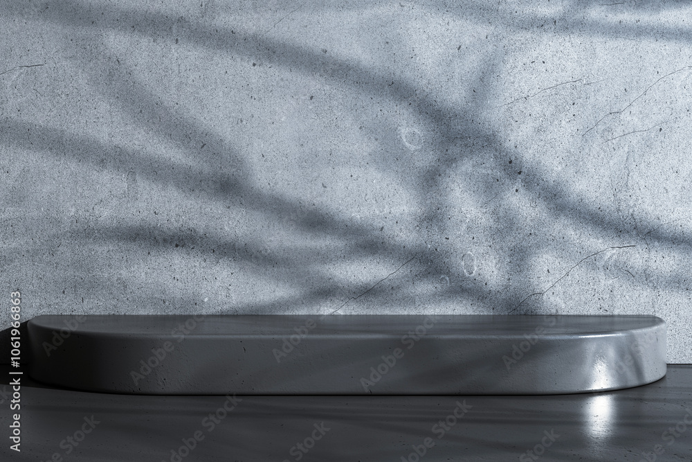 Poster Concrete podium in a minimalist setting with shadows on the wall. 3D Rendering