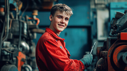 Fototapeta premium A young mechanic beaming with pride amidst industrial equipment in a workshop setting