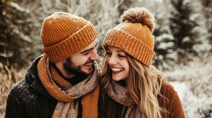 Joyful moments of togetherness a couple embracing winter in cozy sweaters and beanies amidst a snowy landscape