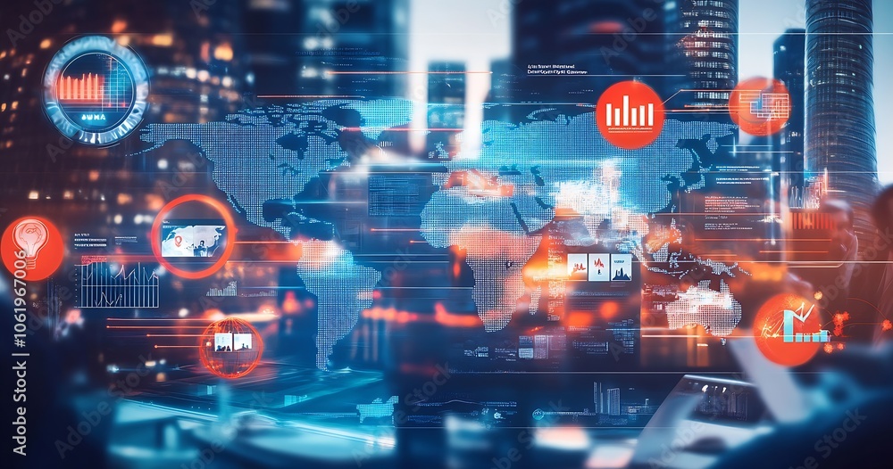 Poster Innovative High Tech Global Data Visualization with Futuristic Interface and Digital Analytics : Generative AI