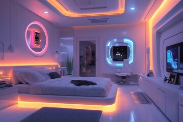 Modern Futuristic Bedroom Interior Design with Neon Lights