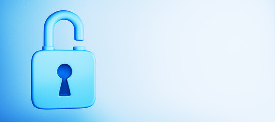 Blue open padlock on a light gradient background. 3D Rendering