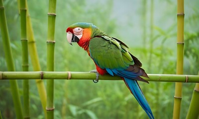 Portrait of a cute parrot. Close-up of a parrot resting on a bamboo perch against a backdrop of blooming jungle.