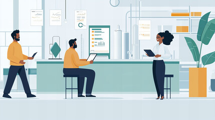 Modern office workspace with diverse professionals collaborating on digital devices in a clean, minimalist environment.