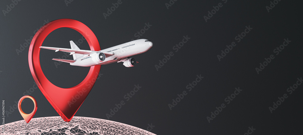 Poster Airplane flying through red geolocation pin over a digital map concept. 3D Rendering