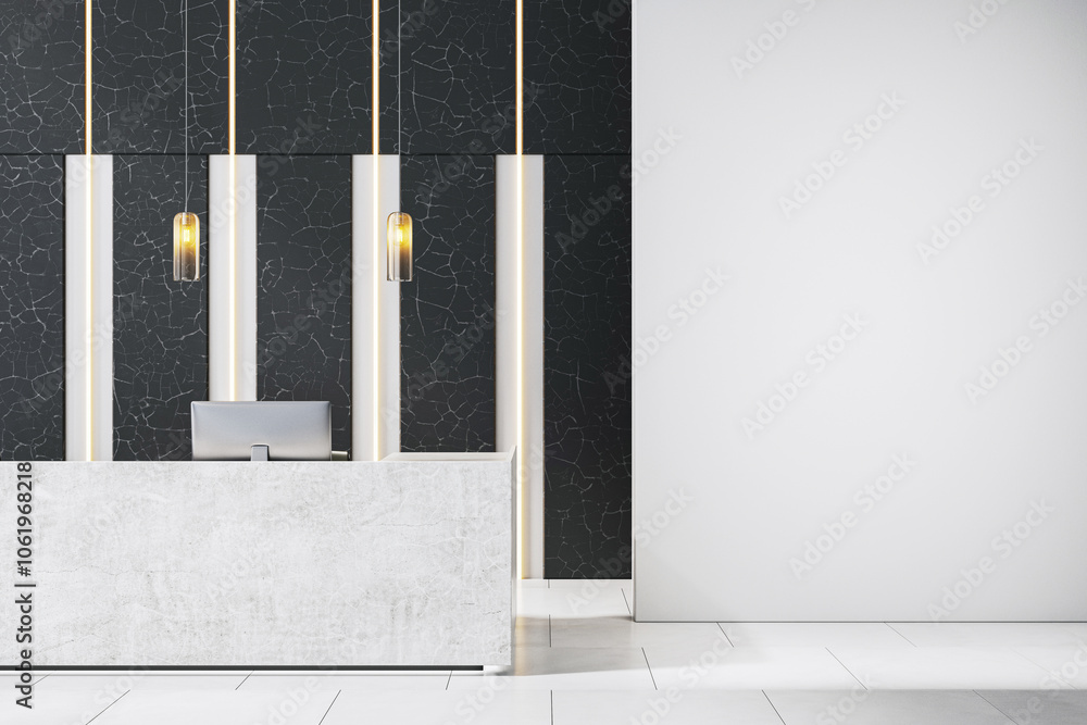 Poster Modern office reception desk with computer in a minimalist space. 3D Rendering