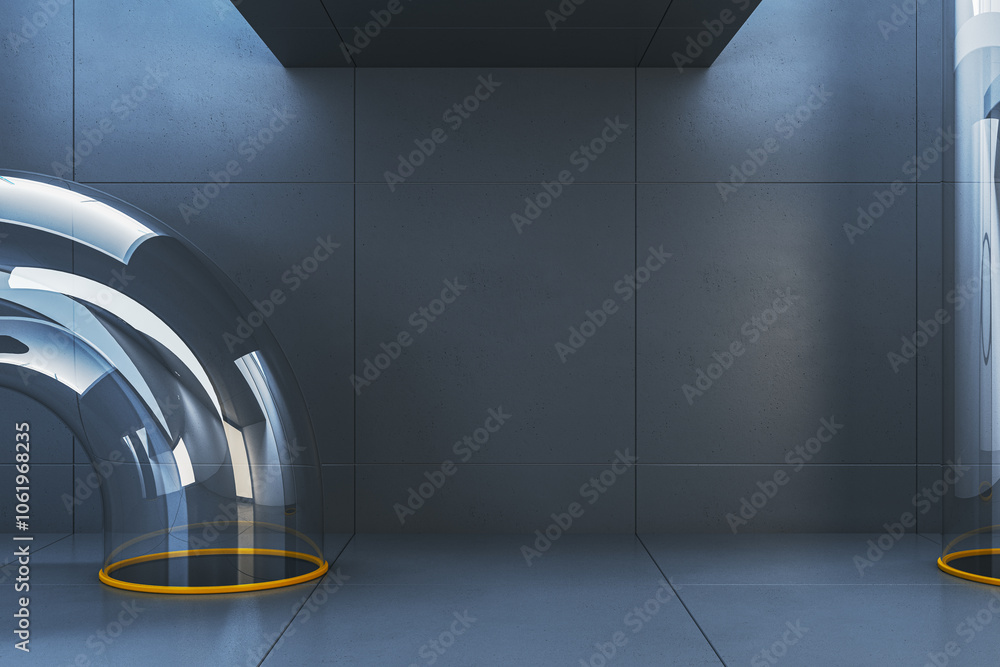 Poster modern abstract room with curving glass structures and concrete walls. 3d rendering